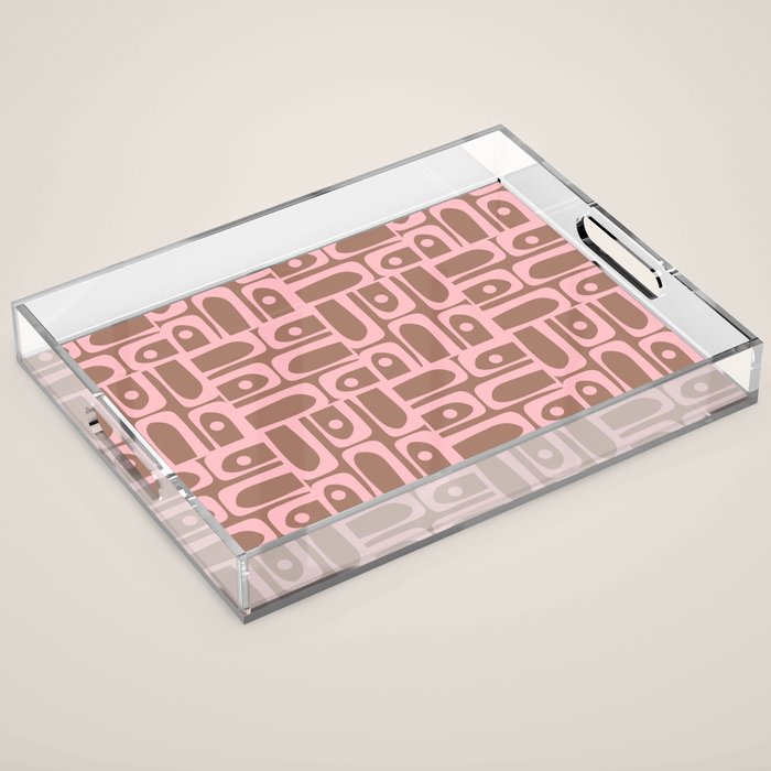 Mid Century Modern Piquet Abstract Multi Geometric Pattern in Mocha Brown and Light Pink Acrylic Tray Gallery Image 1