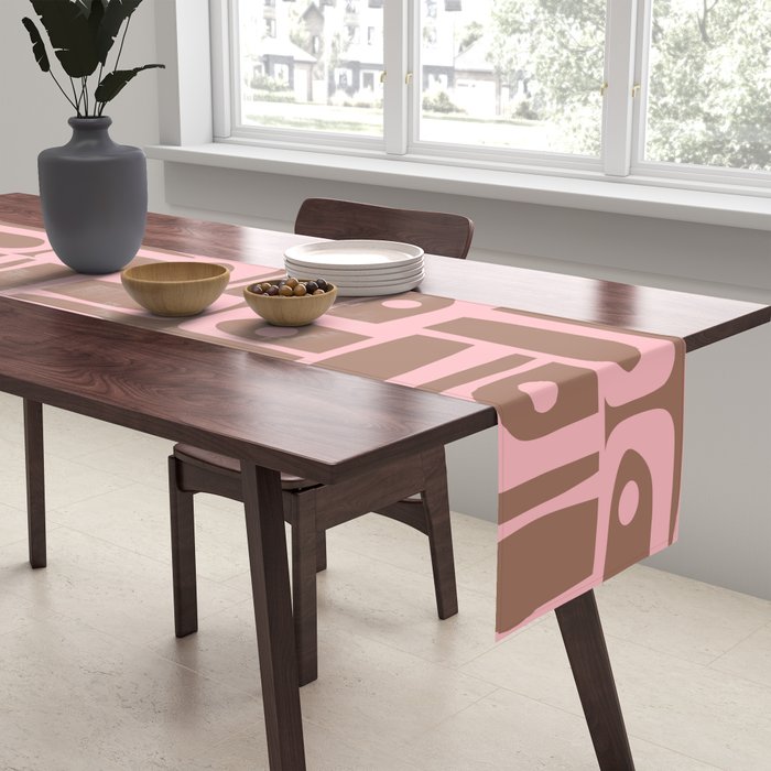 Mid Century Modern Piquet Abstract Multi Geometric Pattern in Mocha Brown and Light Pink Table Runner Gallery Image 2