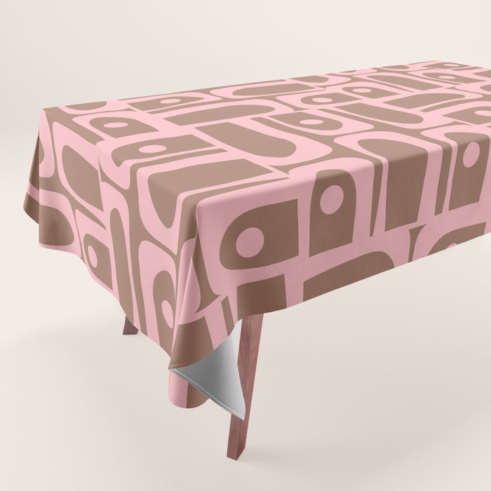 Mid Century Modern Piquet Abstract Multi Geometric Pattern in Mocha Brown and Light Pink Tablecloth Gallery Image 1