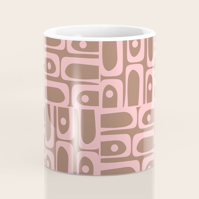Mid Century Modern Piquet Abstract Multi Geometric Pattern in Mocha Brown and Light Pink Coffee Mug Gallery Image 4