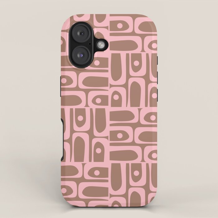Mid Century Modern Piquet Abstract Multi Geometric Pattern in Mocha Brown and Light Pink iPhone Case Gallery Image 1