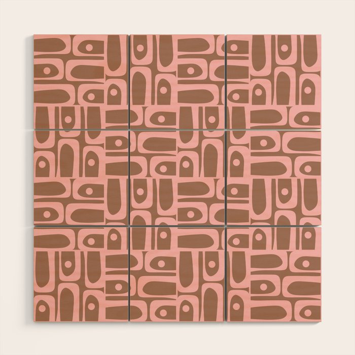 Mid Century Modern Piquet Abstract Multi Geometric Pattern in Mocha Brown and Light Pink Wood Wall Art Gallery Image 1