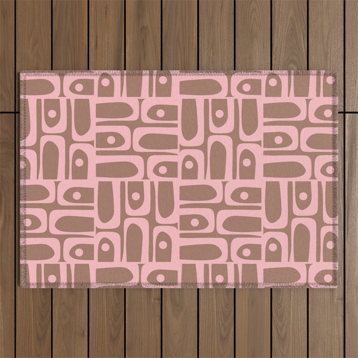 Mid Century Modern Piquet Abstract Multi Geometric Pattern in Mocha Brown and Light Pink Outdoor Rug Gallery Image 1