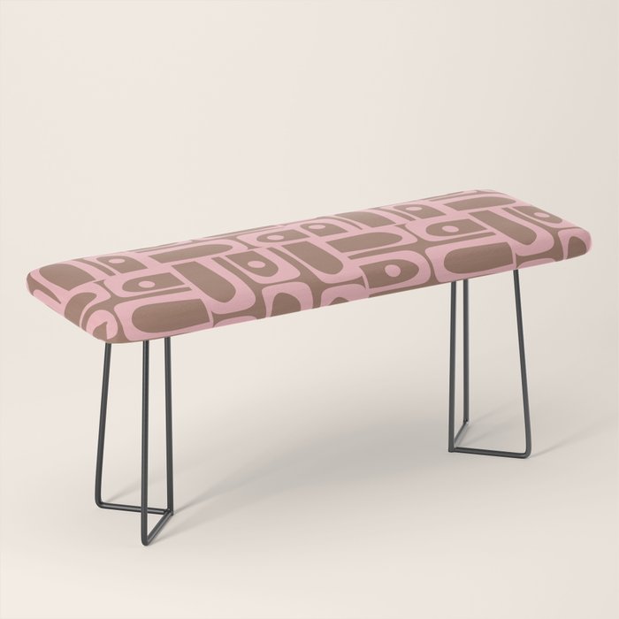 Mid Century Modern Piquet Abstract Multi Geometric Pattern in Mocha Brown and Light Pink Bench Gallery Image 1
