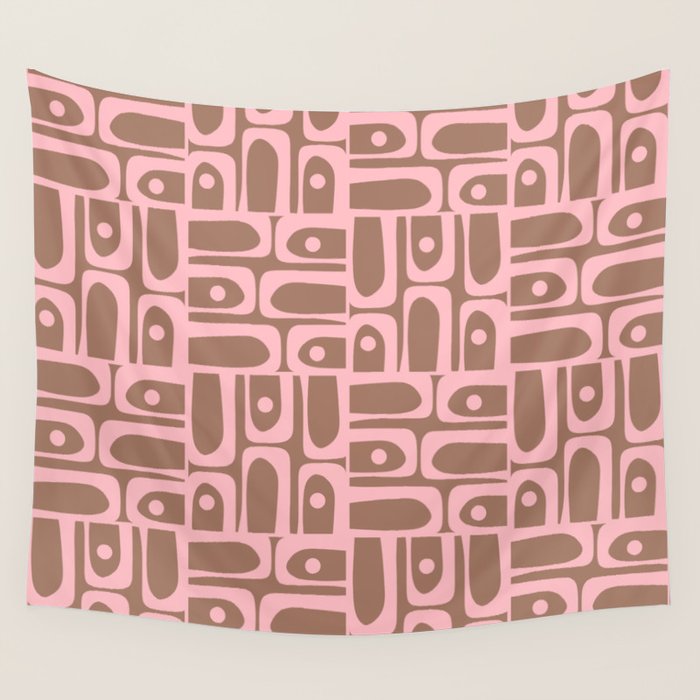 Mid Century Modern Piquet Abstract Multi Geometric Pattern in Mocha Brown and Light Pink Wall Tapestry Gallery Image 4