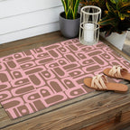 Mid Century Modern Piquet Abstract Multi Geometric Pattern in Mocha Brown and Light Pink Outdoor Rug Gallery Image 2