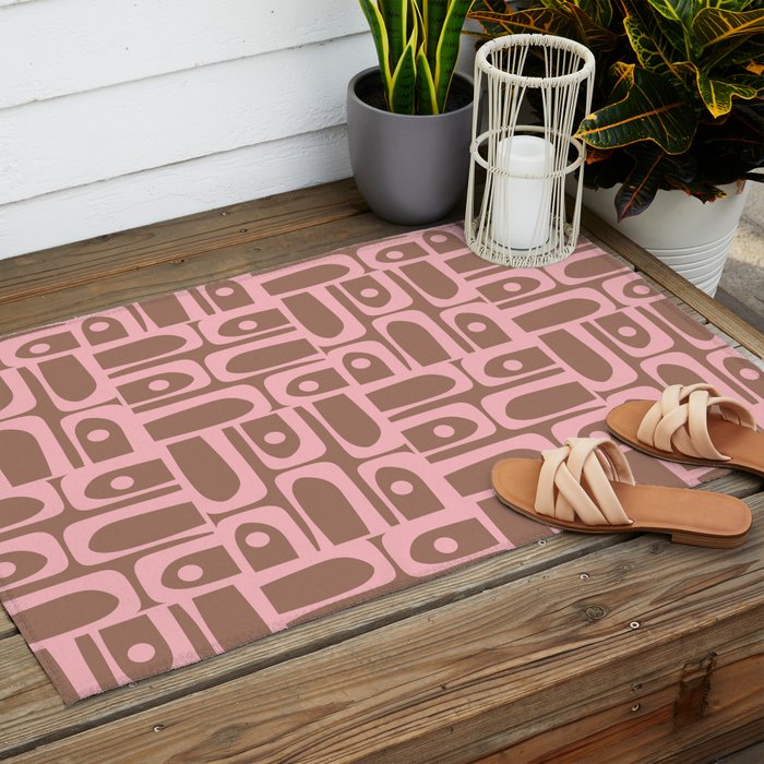 Mid Century Modern Piquet Abstract Multi Geometric Pattern in Mocha Brown and Light Pink Outdoor Rug Gallery Image 2