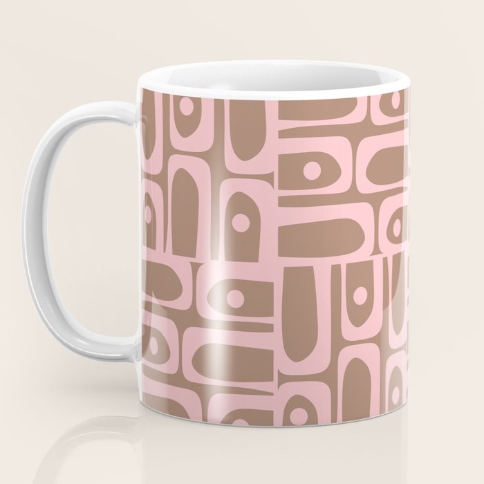 Mid Century Modern Piquet Abstract Multi Geometric Pattern in Mocha Brown and Light Pink Coffee Mug Gallery Image 3