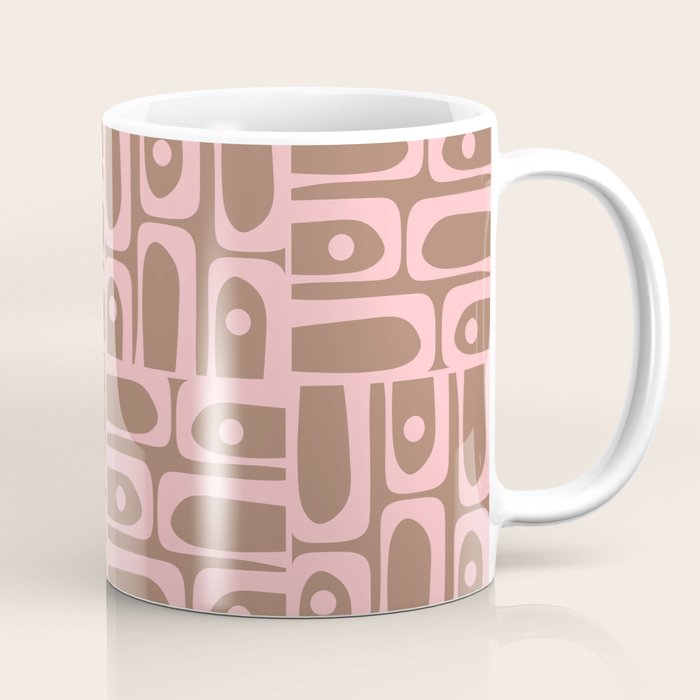 Mid Century Modern Piquet Abstract Multi Geometric Pattern in Mocha Brown and Light Pink Coffee Mug Gallery Image 1