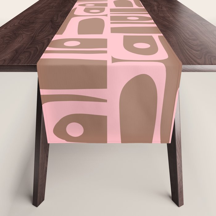 Mid Century Modern Piquet Abstract Multi Geometric Pattern in Mocha Brown and Light Pink Table Runner Gallery Image 1