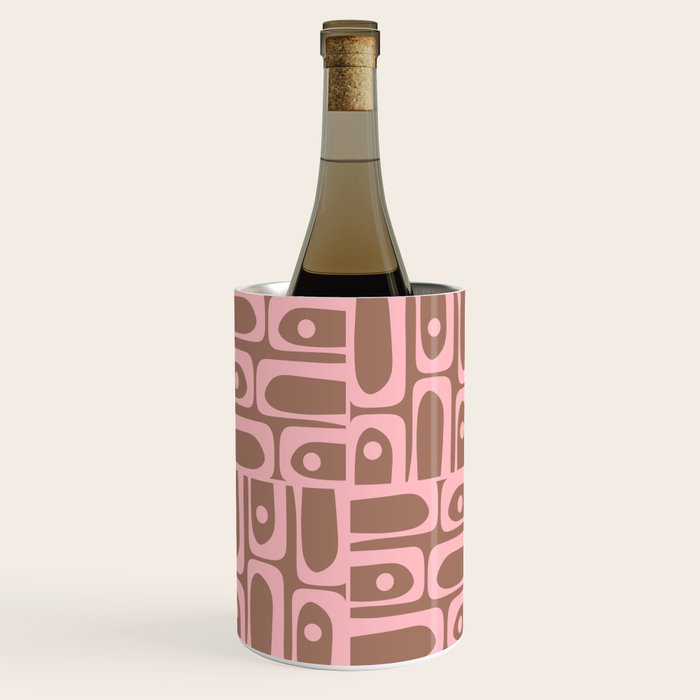 Mid Century Modern Piquet Abstract Multi Geometric Pattern in Mocha Brown and Light Pink Wine Chiller Gallery Image 1
