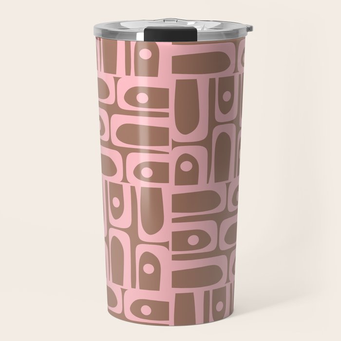 Mid Century Modern Piquet Abstract Multi Geometric Pattern in Mocha Brown and Light Pink Travel Mug Gallery Image 1