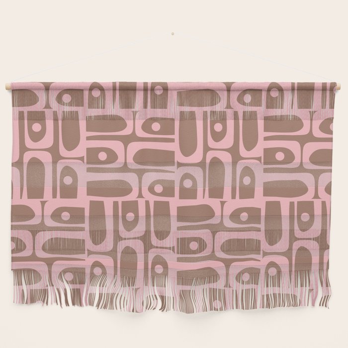 Mid Century Modern Piquet Abstract Multi Geometric Pattern in Mocha Brown and Light Pink Wall Hanging Gallery Image 1