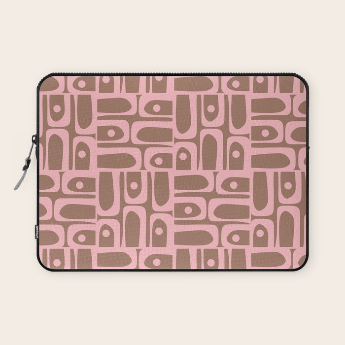 Mid Century Modern Piquet Abstract Multi Geometric Pattern in Mocha Brown and Light Pink Laptop Sleeve Gallery Image 1