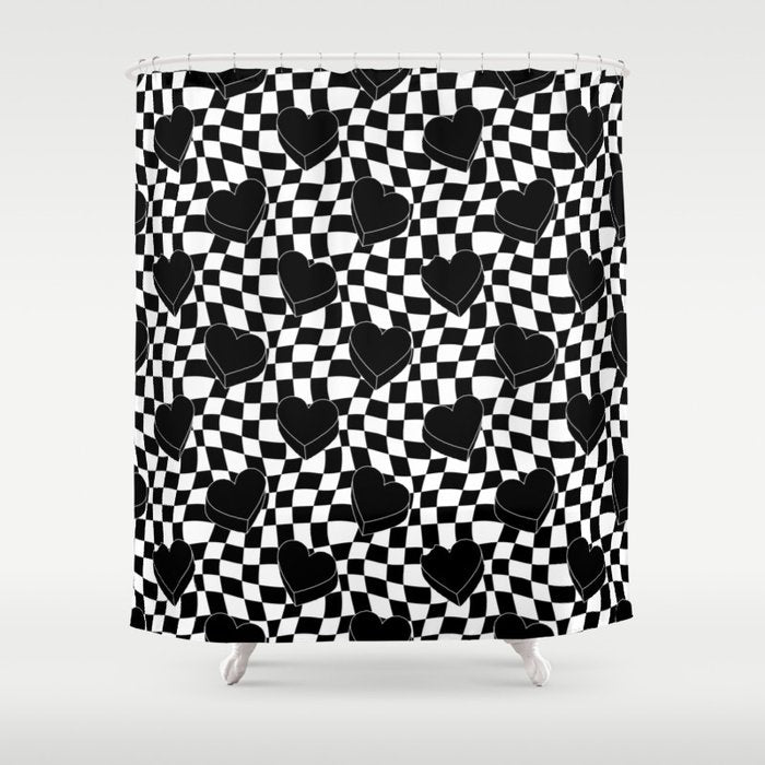 Black and white checkered love heart pattern Shower Curtain Gallery Image 1