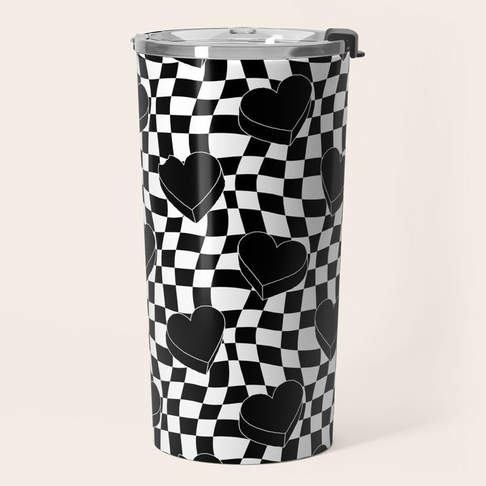 Black and white checkered love heart pattern Travel Mug Gallery Image 2
