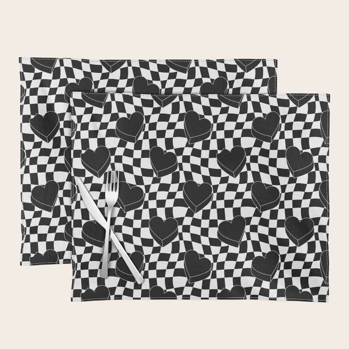 Black and white checkered love heart pattern Placemat Gallery Image 1