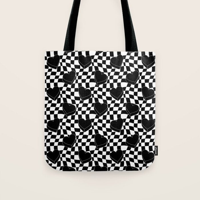 Black and white checkered love heart pattern Tote Bag Gallery Image 1