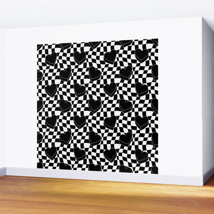 Black and white checkered love heart pattern Wall Mural Gallery Image 2