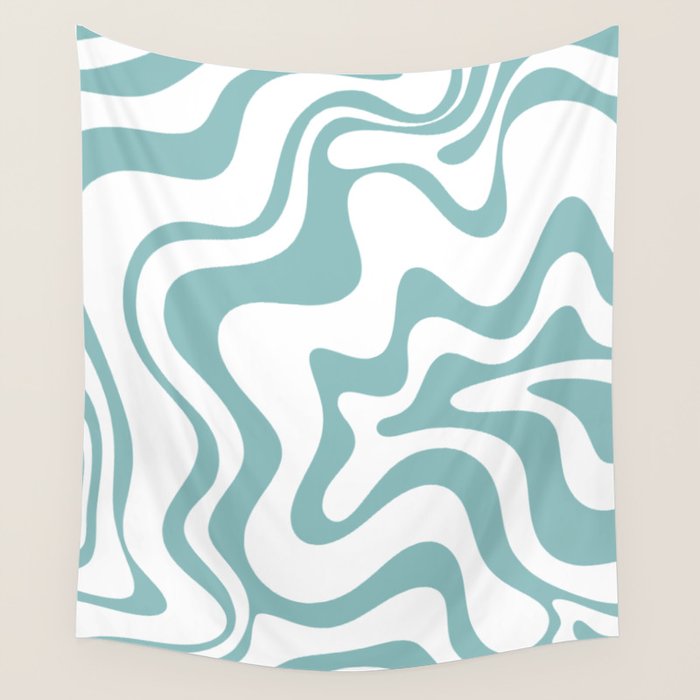 Retro Liquid Swirl Abstract Pattern in Soft Light Teal Blue and White Wall Tapestry Gallery Image 4