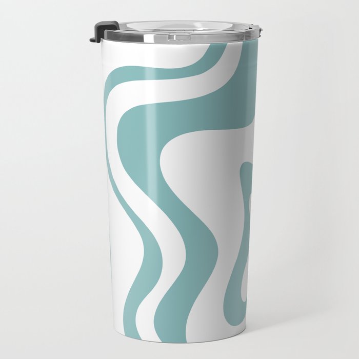 Retro Liquid Swirl Abstract Pattern in Soft Light Teal Blue and White Travel Mug Gallery Image 3