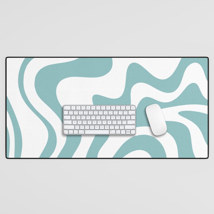 Retro Liquid Swirl Abstract Pattern in Soft Light Teal Blue and White Desk Mat Gallery Image 1