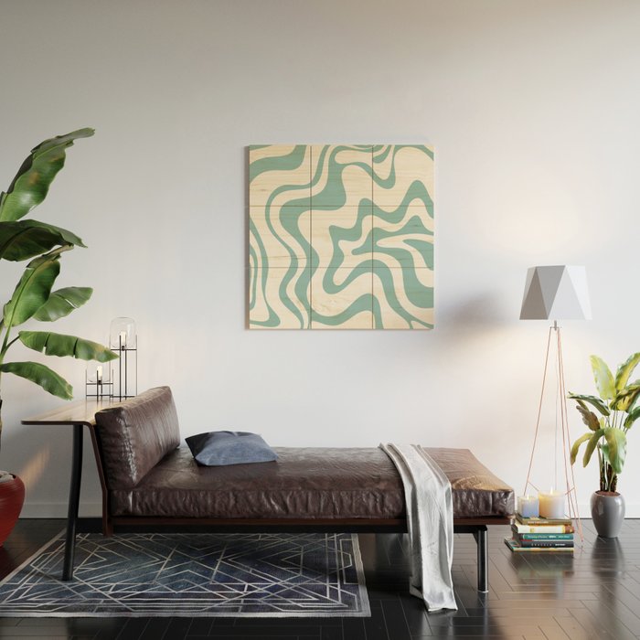 Retro Liquid Swirl Abstract Pattern in Soft Light Teal Blue and White Wood Wall Art Gallery Image 2