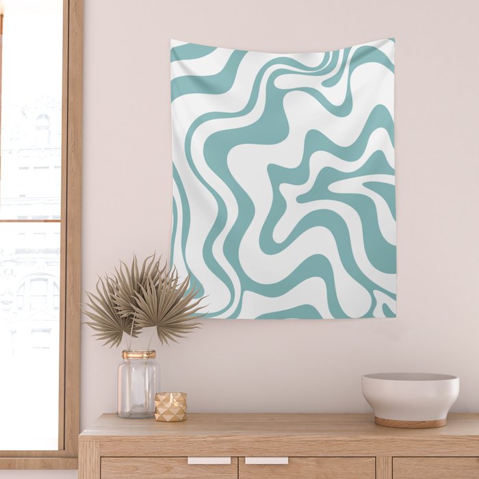 Retro Liquid Swirl Abstract Pattern in Soft Light Teal Blue and White Wall Tapestry Gallery Image 2