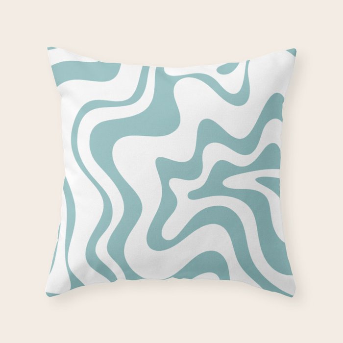 Retro Liquid Swirl Abstract Pattern in Soft Light Teal Blue and White Throw Pillow Gallery Image 1