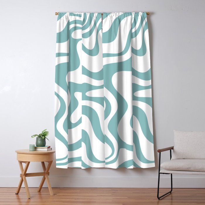 Retro Liquid Swirl Abstract Pattern in Soft Light Teal Blue and White Window Curtain Gallery Image 5