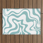 Retro Liquid Swirl Abstract Pattern in Soft Light Teal Blue and White Outdoor Rug Gallery Image 1