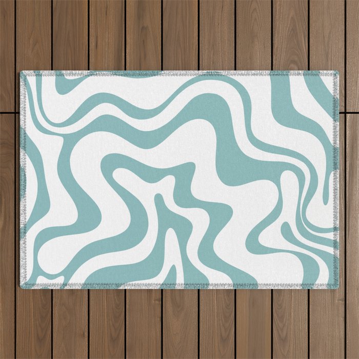 Retro Liquid Swirl Abstract Pattern in Soft Light Teal Blue and White Outdoor Rug Gallery Image 1