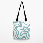 Retro Liquid Swirl Abstract Pattern in Soft Light Teal Blue and White Tote Bag Gallery Image 2