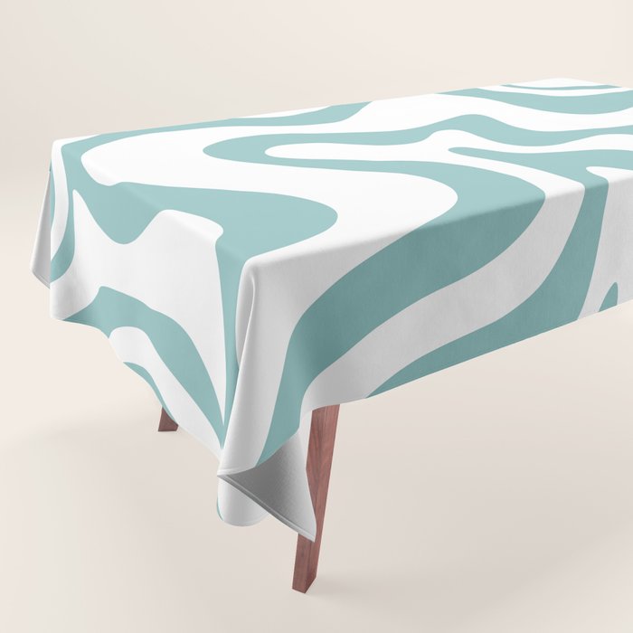 Retro Liquid Swirl Abstract Pattern in Soft Light Teal Blue and White Tablecloth Gallery Image 1