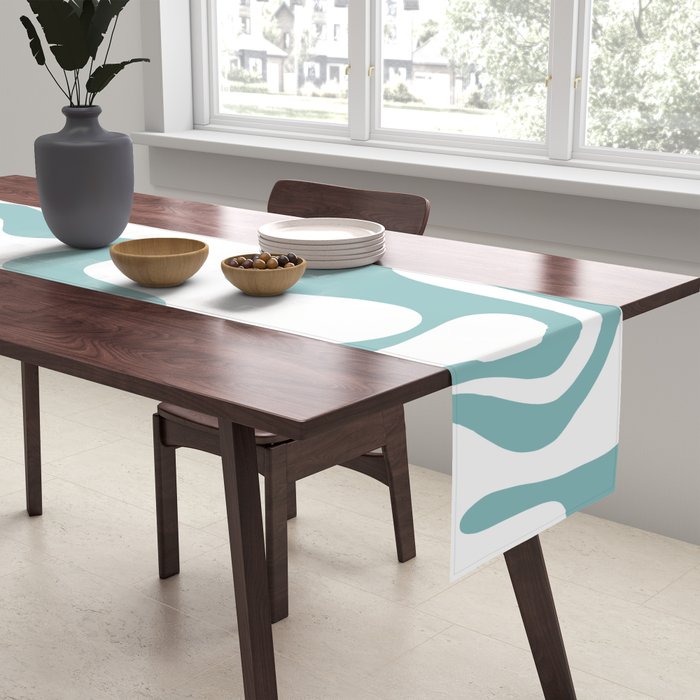 Retro Liquid Swirl Abstract Pattern in Soft Light Teal Blue and White Table Runner Gallery Image 2