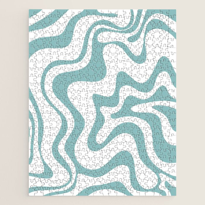 Retro Liquid Swirl Abstract Pattern in Soft Light Teal Blue and White Jigsaw Puzzle Gallery Image 1