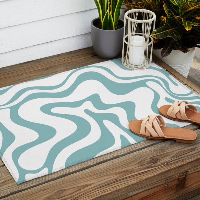 Retro Liquid Swirl Abstract Pattern in Soft Light Teal Blue and White Outdoor Rug Gallery Image 2