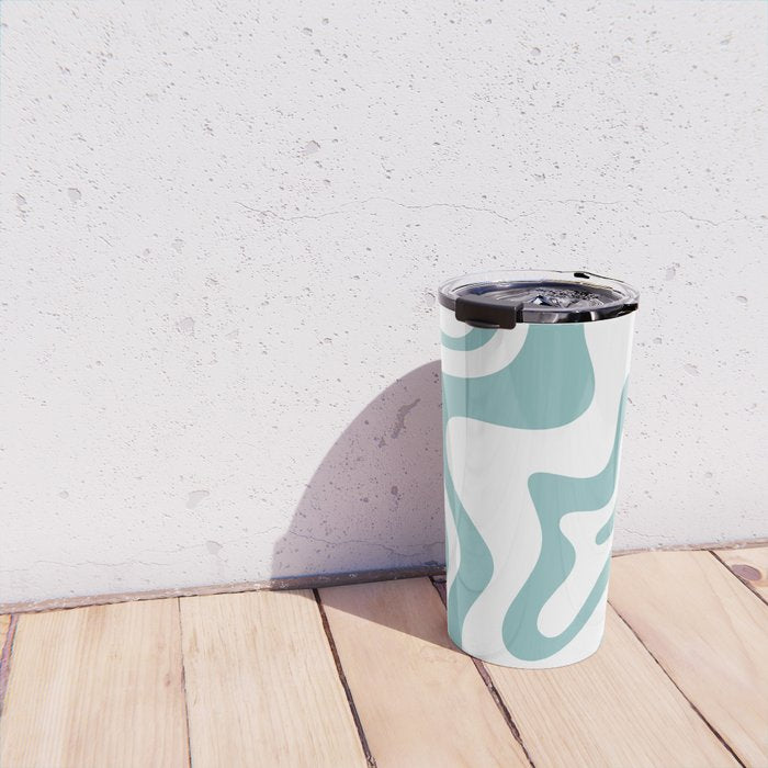 Retro Liquid Swirl Abstract Pattern in Soft Light Teal Blue and White Travel Mug Gallery Image 4