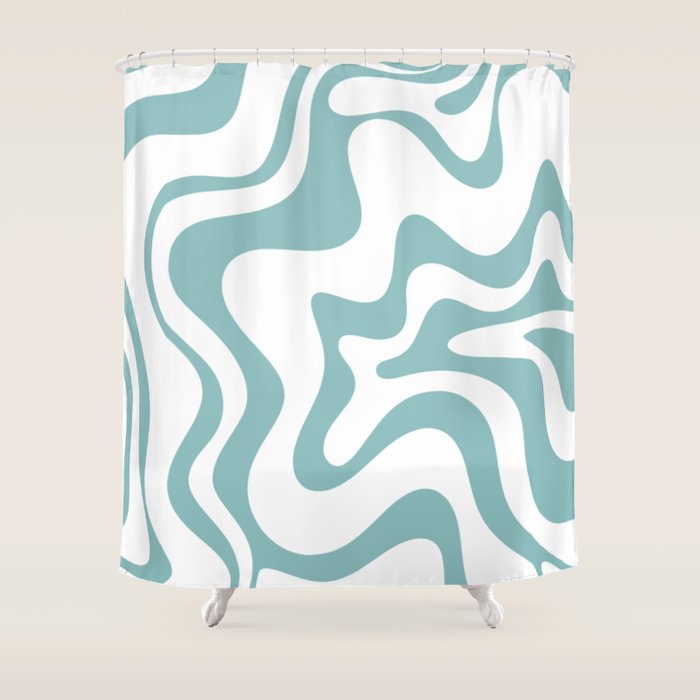 Retro Liquid Swirl Abstract Pattern in Soft Light Teal Blue and White Shower Curtain Gallery Image 1