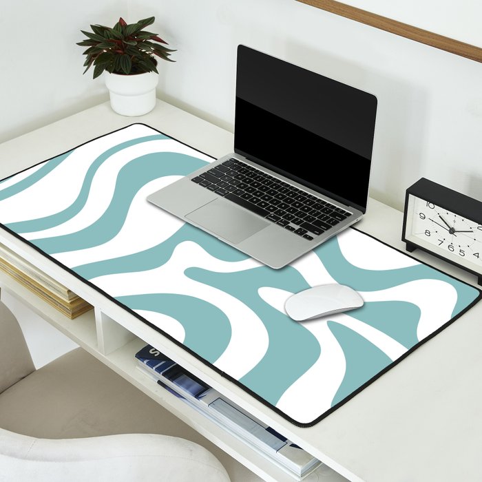 Retro Liquid Swirl Abstract Pattern in Soft Light Teal Blue and White Desk Mat Gallery Image 2