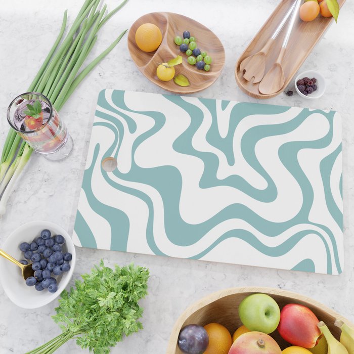 Retro Liquid Swirl Abstract Pattern in Soft Light Teal Blue and White Cutting Board Gallery Image 2
