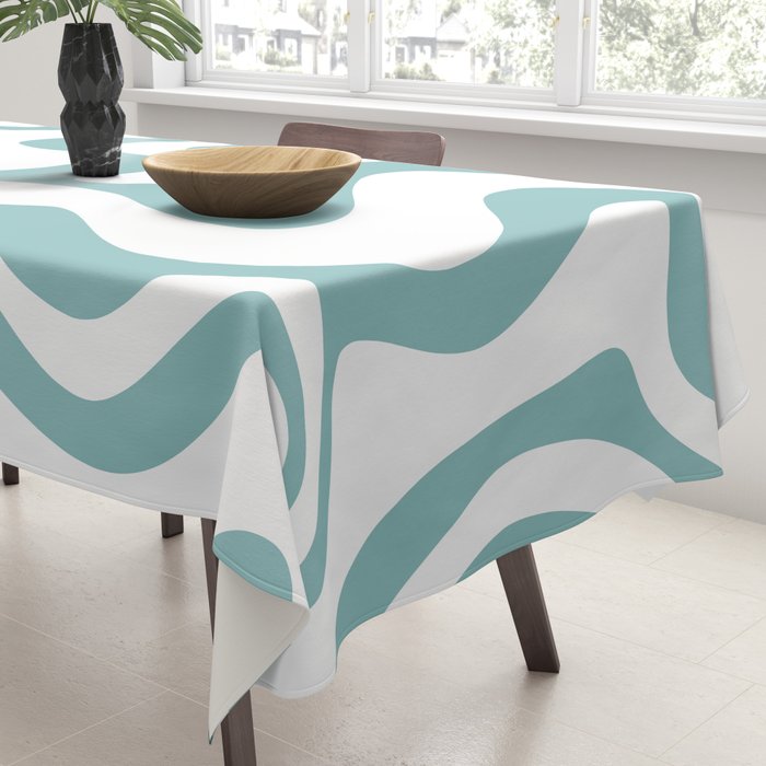 Retro Liquid Swirl Abstract Pattern in Soft Light Teal Blue and White Tablecloth Gallery Image 3