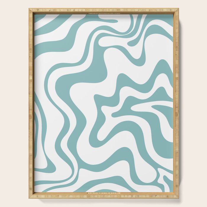 Retro Liquid Swirl Abstract Pattern in Soft Light Teal Blue and White Serving Tray Gallery Image 1