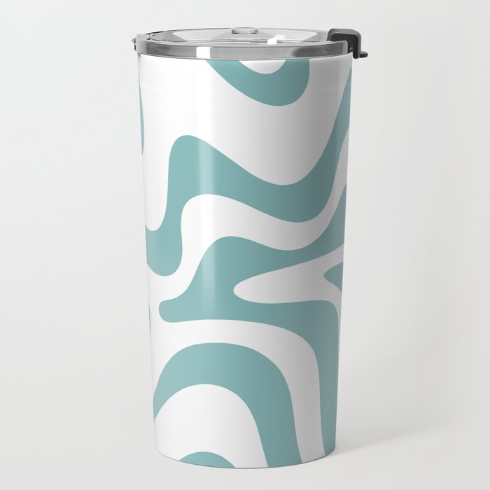 Retro Liquid Swirl Abstract Pattern in Soft Light Teal Blue and White Travel Mug Gallery Image 2