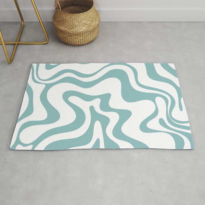 Retro Liquid Swirl Abstract Pattern in Soft Light Teal Blue and White Rug Gallery Image 1