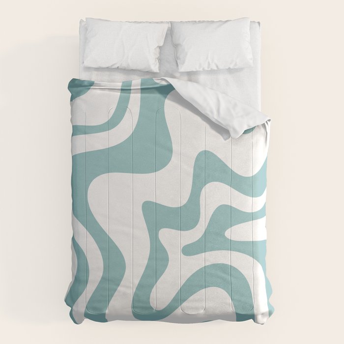 Retro Liquid Swirl Abstract Pattern in Soft Light Teal Blue and White Comforter Gallery Image 6
