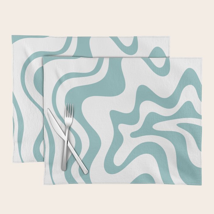 Retro Liquid Swirl Abstract Pattern in Soft Light Teal Blue and White Placemat Gallery Image 1