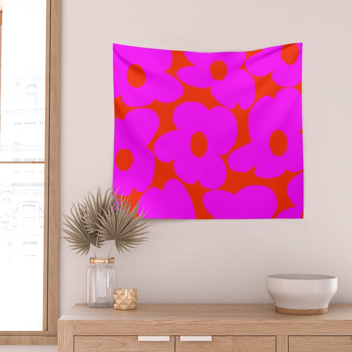 Pink Retro Flowers Orange Red Background #decor #society6 #buyart Wall Tapestry Gallery Image 2