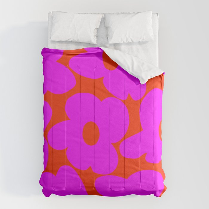 Pink Retro Flowers Orange Red Background #decor #society6 #buyart Comforter Gallery Image 1