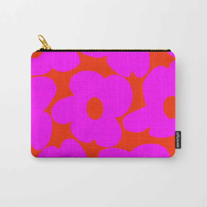Pink Retro Flowers Orange Red Background #decor #society6 #buyart Carry All Pouch Gallery Image 1